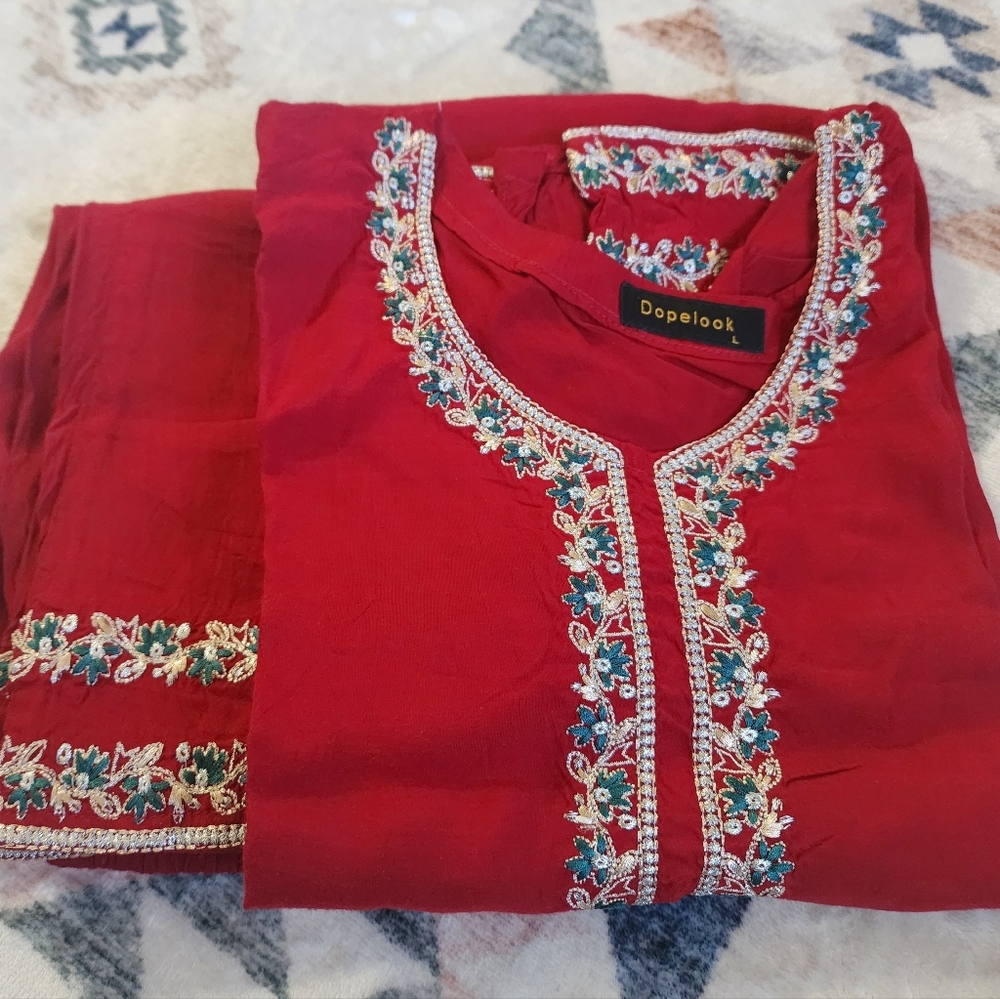 Embroidered Red Coord Set with Teal & Gold Accents Small Size 34 Bust